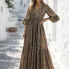 Μάξι φόρεμα με ethnic print και βολάν μανίκια