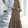 Μάξι φόρεμα με ethnic print και βολάν μανίκια