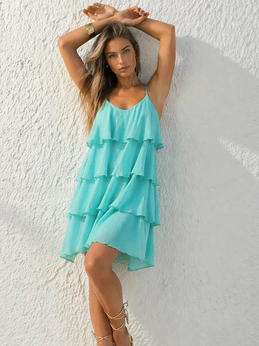 Αέρινο φόρεμα μέντα με βολάν και τιράντες