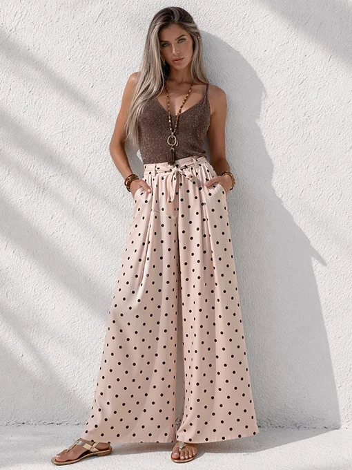 Παντελόνα μπεζ με πουά ντεσέν και ζωνάκι