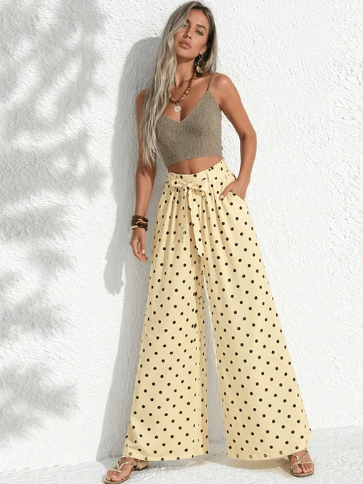 Παντελόνα κίτρινη με πουά ντεσέν και ζωνάκι