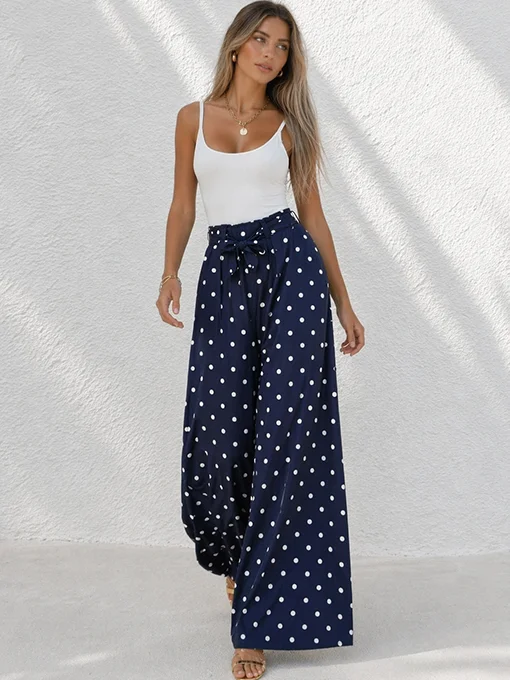 Παντελόνα μπλε με πουά ντεσέν και ζωνάκι