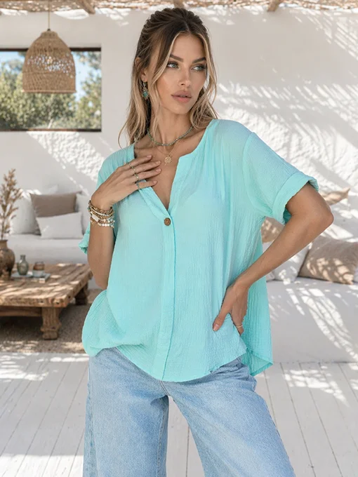 Μπλούζα βαμβακερή μέντα γκοφρέ με κουμπί