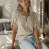 Μπλούζα βαμβακερή μπεζ γκοφρέ με κουμπί