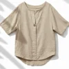 Μπλούζα βαμβακερή μπεζ γκοφρέ με κουμπί