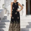 Φόρεμα μάξι boho μαύρο με χρυσά κεντήματα