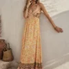 Boho μάξι φόρεμα κίτρινο με φλοράλ μοτίβο