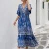 Boho μάξι φόρεμα μπλε με διακοσμητικό μοτίβο