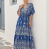 Boho μάξι φόρεμα μπλε με διακοσμητικό μοτίβο