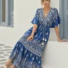 Boho μάξι φόρεμα μπλε με διακοσμητικό μοτίβο