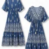 Boho μάξι φόρεμα μπλε με διακοσμητικό μοτίβο