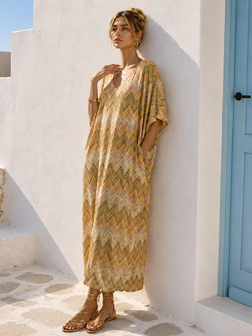 Φόρεμα boho μάξι κίτρινο πολύ φαρδύ και ελαστικό