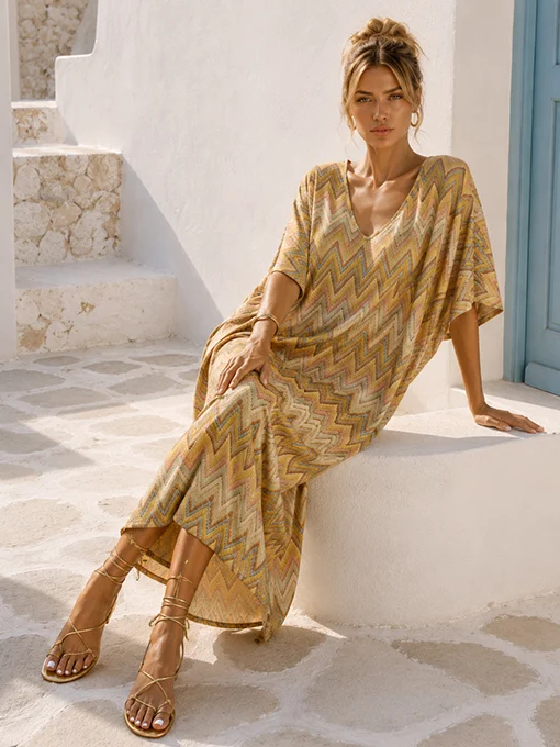 Φόρεμα boho μάξι κίτρινο πολύ φαρδύ και ελαστικό