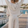 Ζακέτα λινή μπεζ με κουκούλα και φερμουάρ