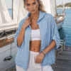 Ζακέτα λινή γαλάζια με κουκούλα και φερμουάρ