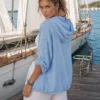 Ζακέτα λινή γαλάζια με κουκούλα και φερμουάρ