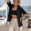 Ζακέτα λινή μαύρη με κουκούλα και φερμουάρ