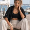 Ζακέτα λινή μαύρη με κουκούλα και φερμουάρ