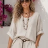 Λινό oversized πουκάμισο μπεζ με κουμπιά
