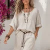 Λινό oversized πουκάμισο μπεζ με κουμπιά