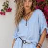 Λινό oversized πουκάμισο γαλάζιο με κουμπιά