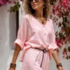 Λινό oversized πουκάμισο ροζ με κουμπιά
