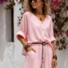 Λινό oversized πουκάμισο ροζ με κουμπιά