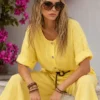 Λινό oversized πουκάμισο κίτρινο με κουμπιά