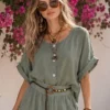 Λινό oversized πουκάμισο χακί με κουμπιά