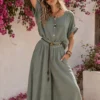 Λινό oversized πουκάμισο χακί με κουμπιά