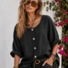 Λινό oversized πουκάμισο μαύρο με κουμπιά