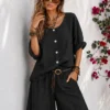 Λινό oversized πουκάμισο μαύρο με κουμπιά