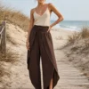 Παντελόνα φάκελος καφέ boho με σφηκοφωλιά