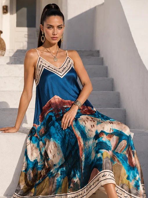 Σατέν φόρεμα πετρόλ με artistic print