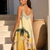 Σατέν φόρεμα κίτρινο με artistic print