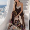 Σατέν φόρεμα καφέ με artistic print