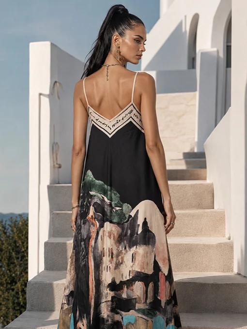 Σατέν φόρεμα μαύρο με artistic print