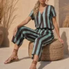 Σετ σατέν μέντα ριγέ με cropped παντελόνα