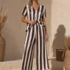 Σετ σατέν καφέ ριγέ με cropped παντελόνα