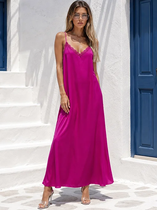 Maxi lingerie φόρεμα ματζέντα με δαντέλα