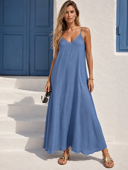 Maxi lingerie φόρεμα μπλε ίντιγκο με δαντέλα