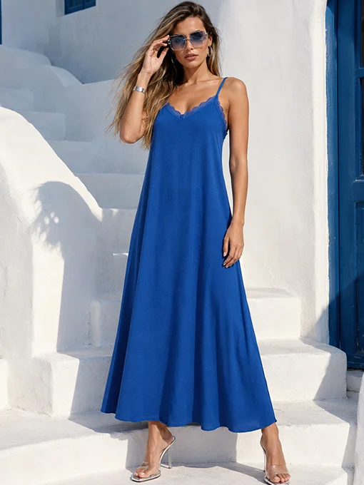 Maxi lingerie φόρεμα μπλε ρουά με δαντέλα