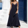 Maxi lingerie φόρεμα μπλε σκούρο με δαντέλα