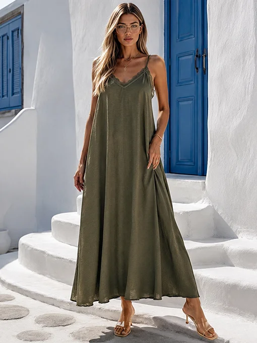 Maxi lingerie φόρεμα χακί με δαντέλα