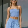 Στράπλες crop top γαλάζιο με σφηκοφωλιά και βολάν